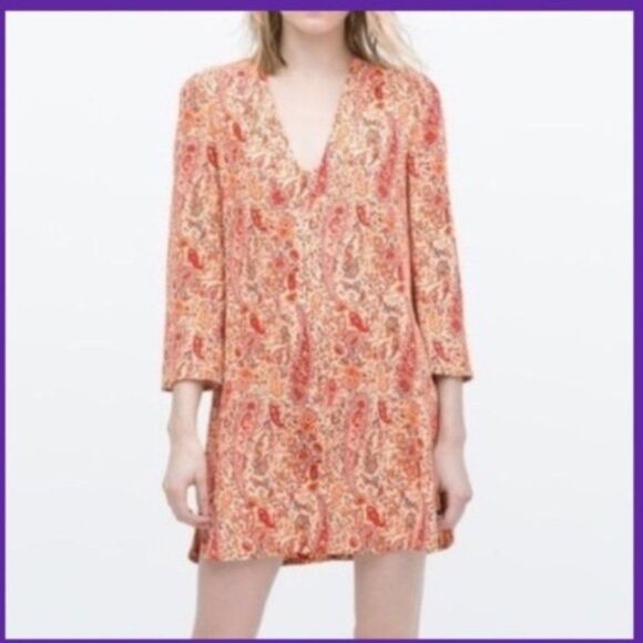 ZARA Boho Dress Peach Paisley Bell Sleeves Tunic Small - Picture 1 of 5